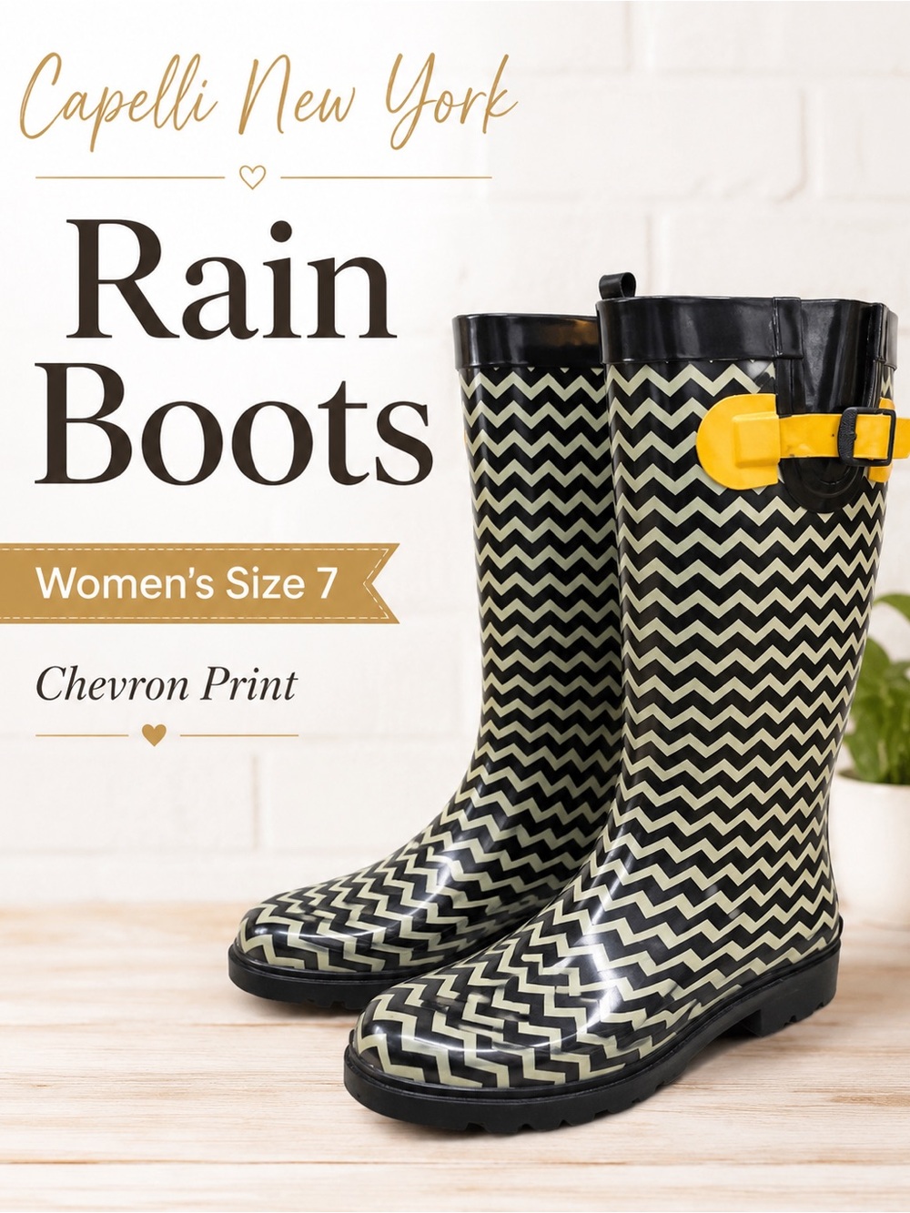 Capelli New York Women's Rain Boots - Black and Yellow Chevron (Size 7)